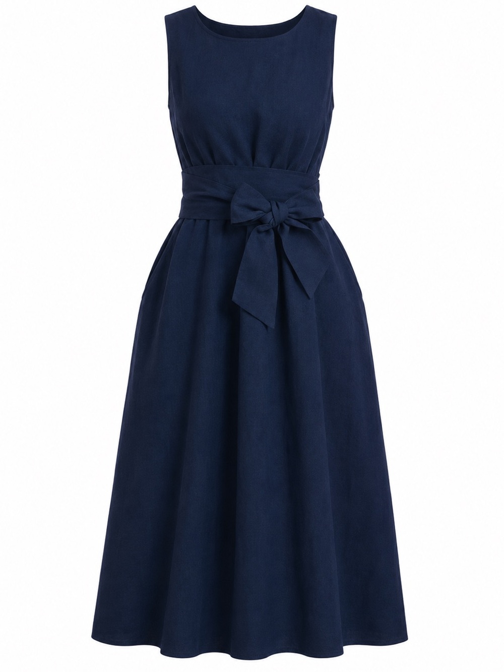 Munique XL Navy 100% Linen Midi‎ Dress Adjustable Tie Waist Pockets